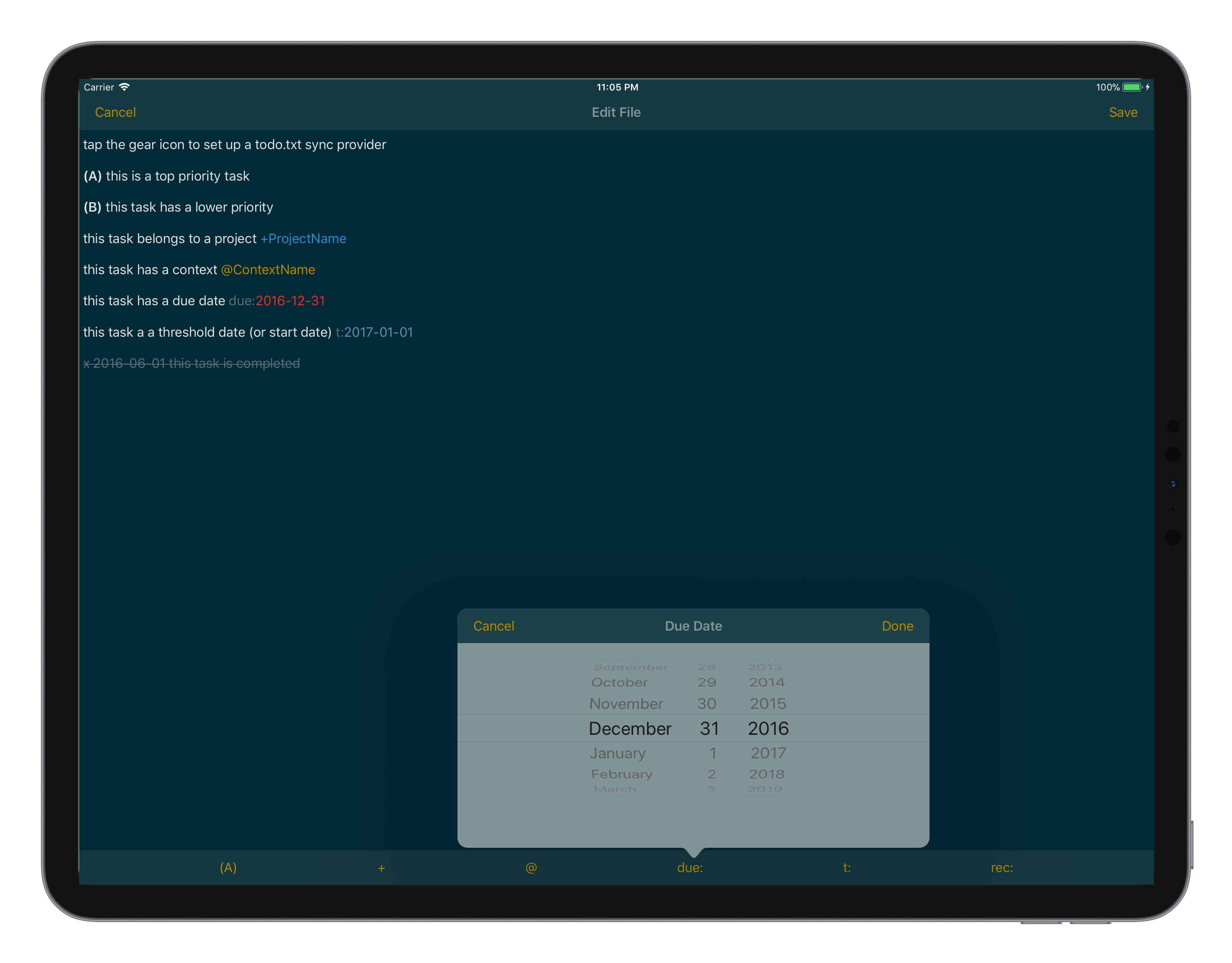 Screenshot of SwiftoDo running on iPad, showing the task list in file edit mode
