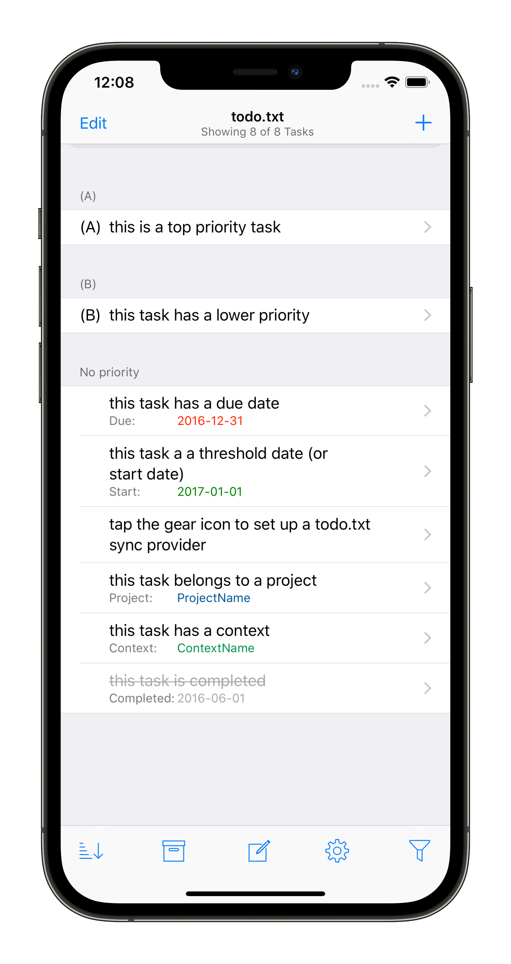 Screenshot of SwiftoDo running on iPhone, showing the task list