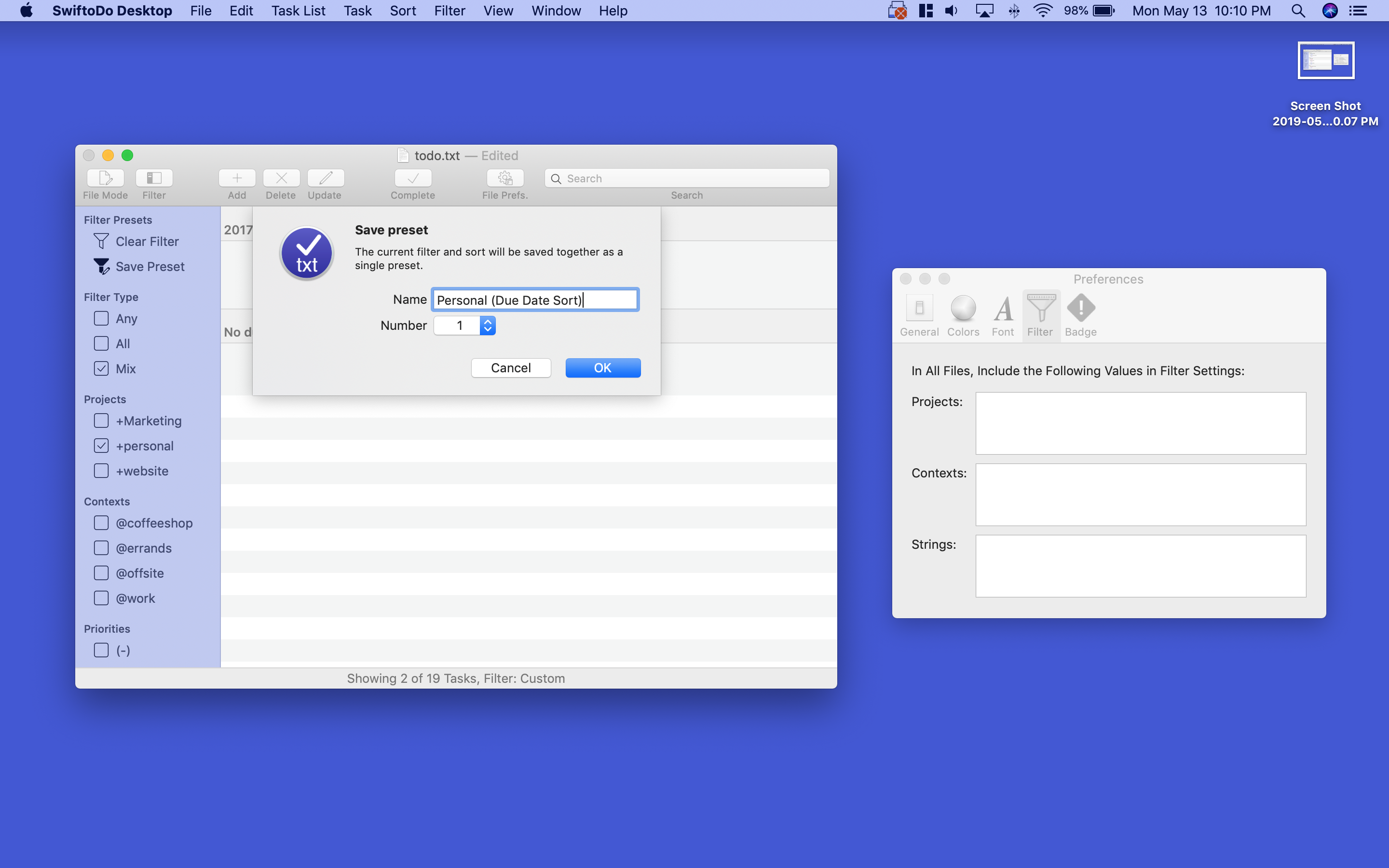 Screenshot of SwiftoDo Desktop' showing the interface for saving a sort and filter preset